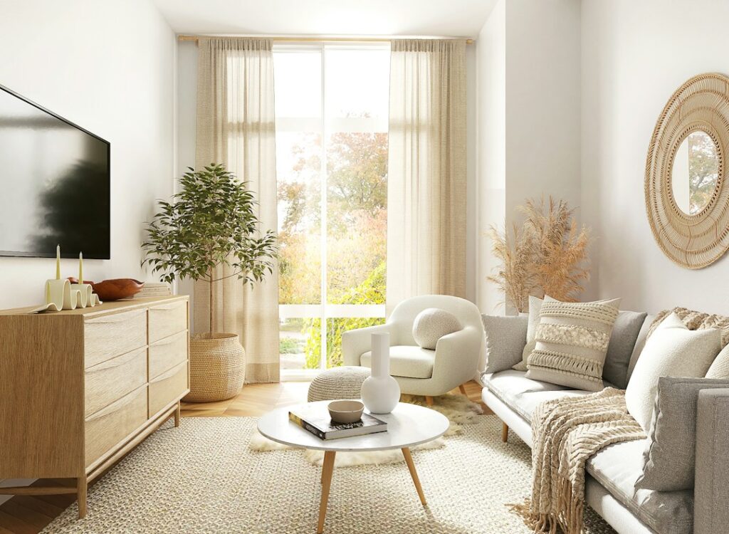 Small Japandi living room with a light sofa, natural wood, neutral textiles, and abundant daylight