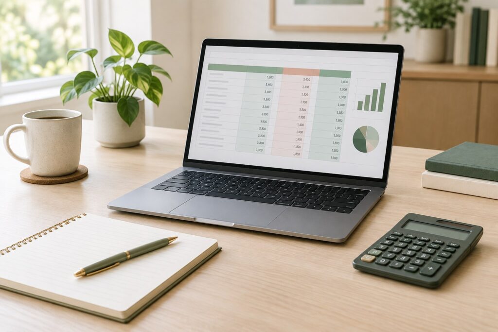 Calculator, notebook, and spreadsheet on a desk illustrating how to calculate small-business profit and loss