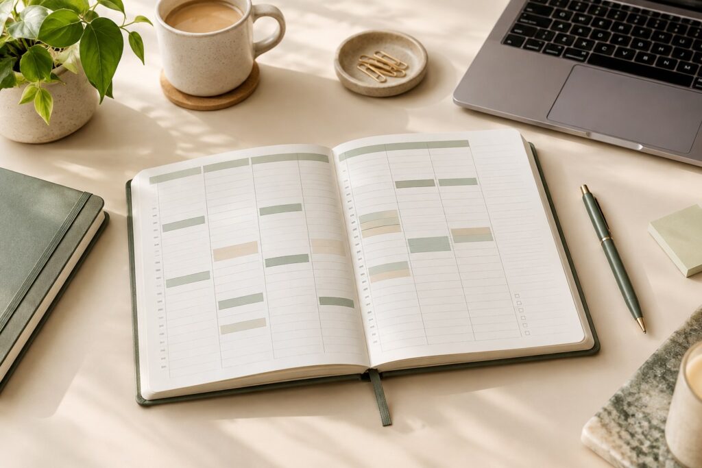 Open weekly business planner beside a laptop and pen for freelancers and small-business owners